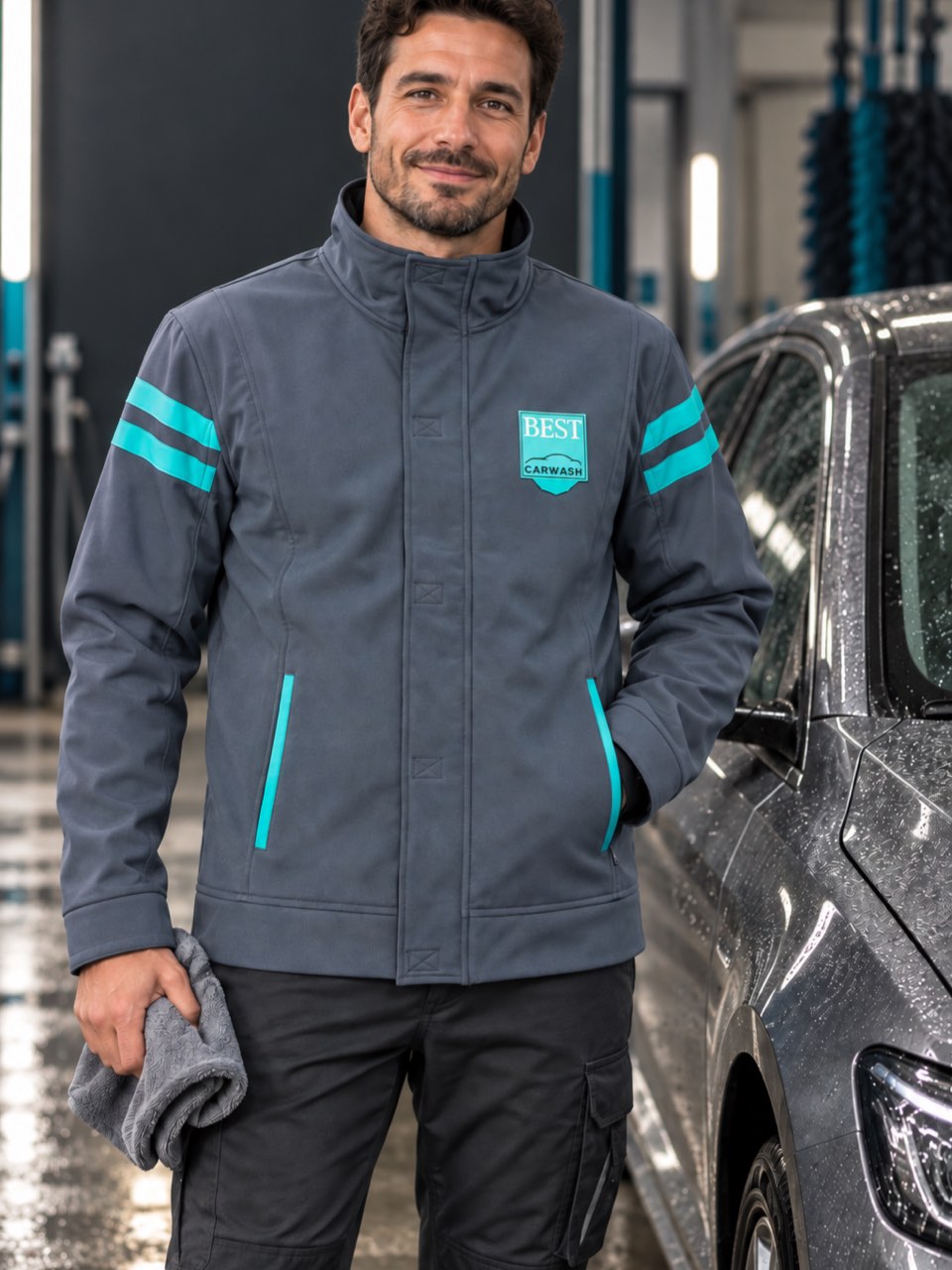 Softshelljacke in Anthrazit mit gesticktem Best-Carwash-Patch und türkisen Streifen