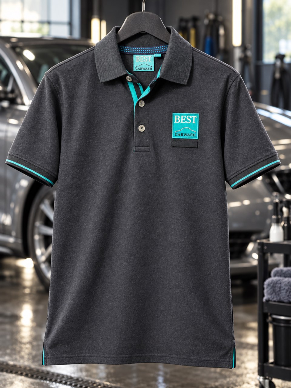 Poloshirt mit Best-Carwash-Patch und türkisen Blenden auf dem Bügel