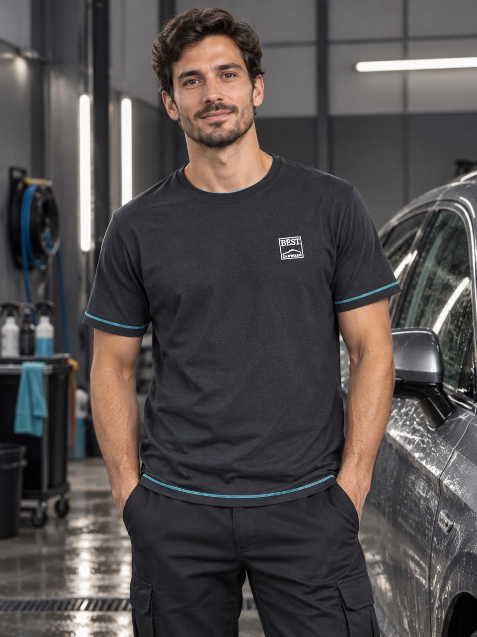 T-Shirt in Anthrazit mit Best-Carwash-Logo und türkisen Kontrastnähten, getragen